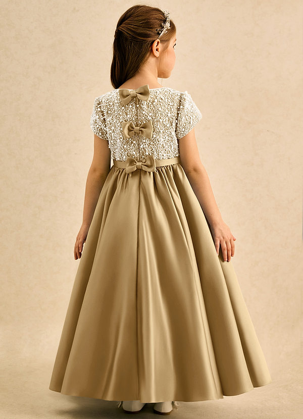 Azazie Cashew Abiti da Ragazza di Fiori Abito Principessa in Raso Opaco Con Maniche Oro image1