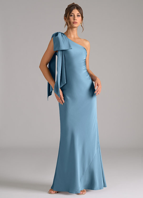 Azazie Capri Bridesmaid Dresses Steel Blue Mermaid One Shoulder Stretch Satin Dress image1