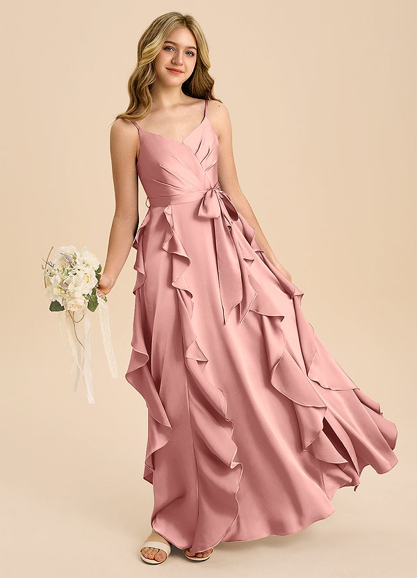 Azazie Peyton Junior Robe Trapèze en Satin extensible Plissée Rosette image1