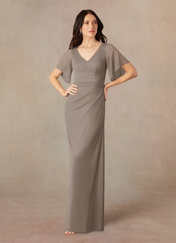 Azazie Selah Mother of the Brides Dresses Taupe A-Line V-Neck ruched Mesh Dress image1