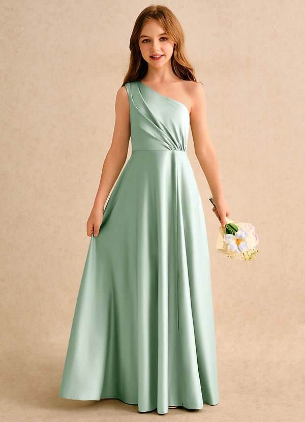 Azazie Puddles Girls Formal Vestidos de Niña de Flores Vestido de Agave de Satin Mate de Corte en A con Hombro unilateral image1