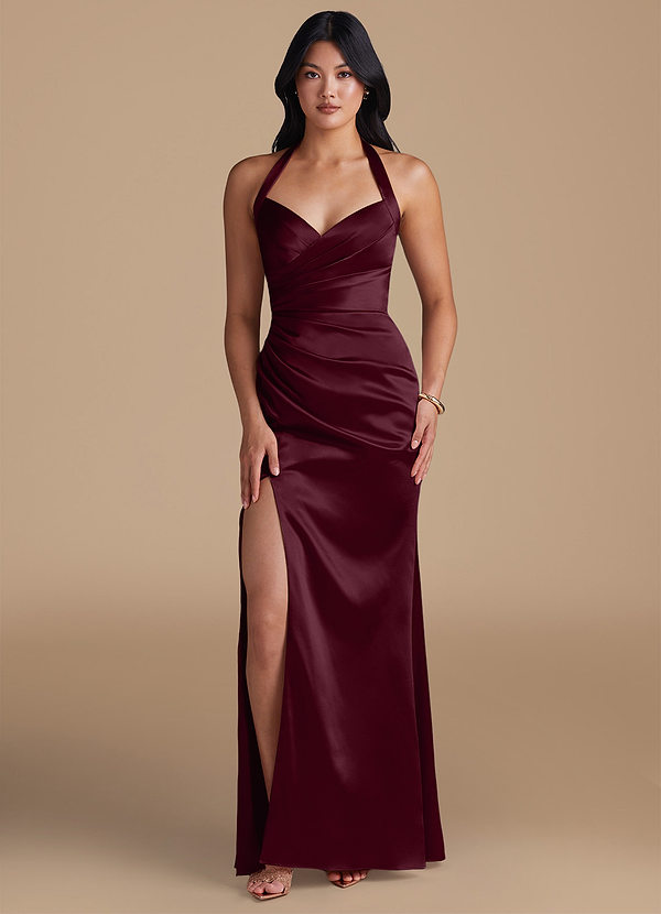 Azazie Emeria Bridesmaid Dresses Cabernet Sheath Side Slit Metallic Satin Dress image1