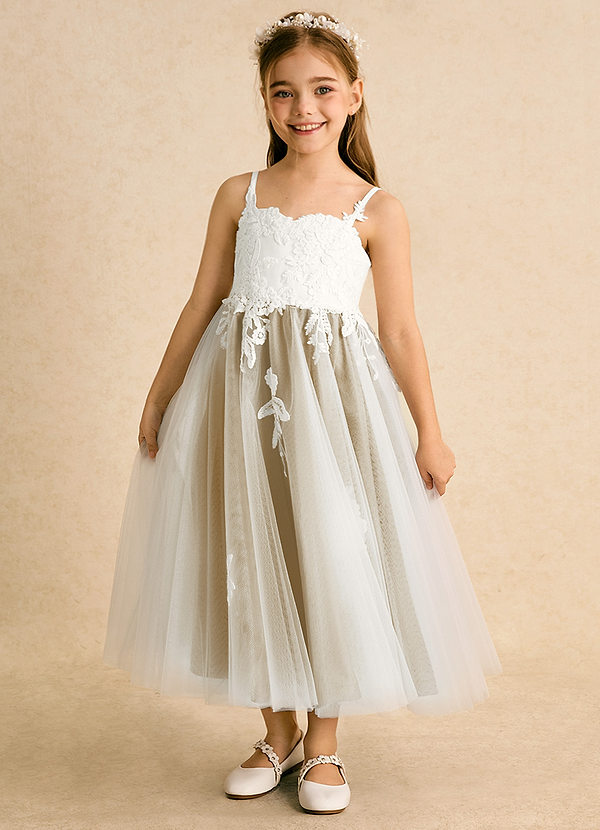 Azazie Coraline Vestidos de Niña de Flores Vestido de Marfil Oro de Encaje de Corte En A image1