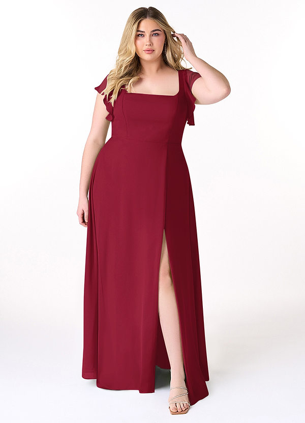 Azazie Bondi Bridesmaid Dresses Burgundy A-Line Ruffled Chiffon Dress image1