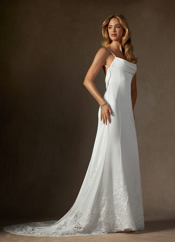 Azazie Eliora Wedding Dresses Diamond White Fit and Flare Stretch Satin Dress image1