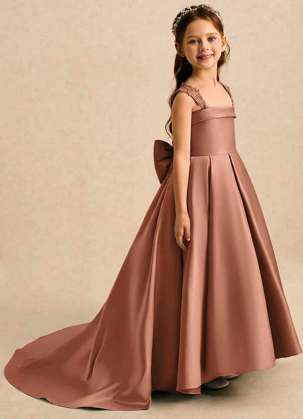 Azazie Genie Flower Girl Dresses Bronzer Ball-Gown Off the Shoulder Matte Satin Dress image1