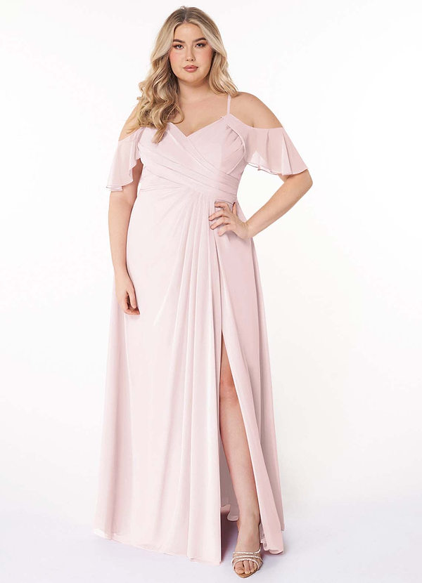 Azazie Dakota Bridesmaid Dresses Blushing Pink A-Line V-Neck Pleated Chiffon Dress image1