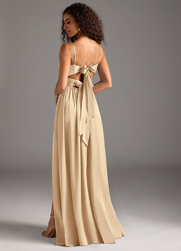 Azazie Zeya Bridesmaid Dresses Champagne A-Line Pleated Stretch Satin Dress image1