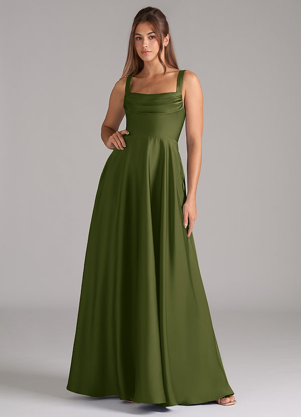 Shaude Bridesmaid Dresses Bright Olive A-Line Pleated Stretch Satin Dress image1