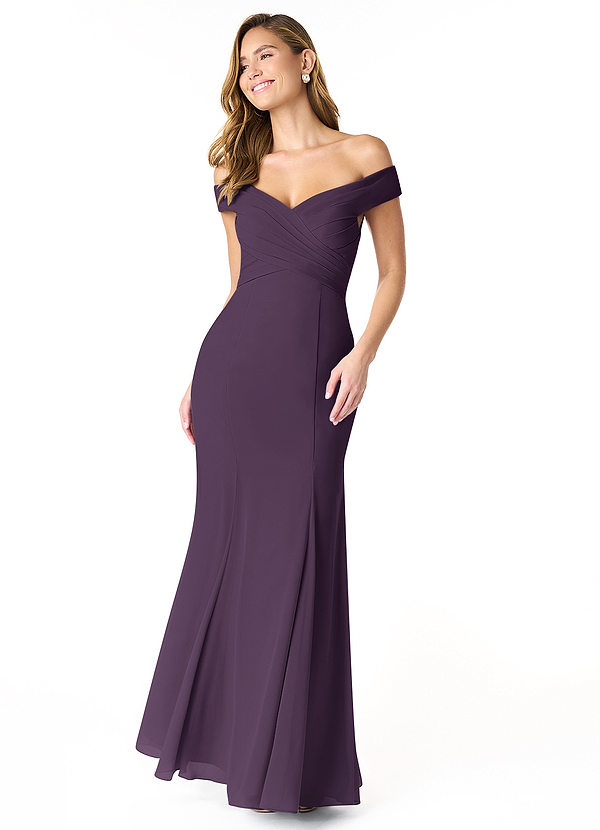 Azazie Lecia Bridesmaid Dresses Plum Empire Off-The-Shoulder Pleated Chiffon Convertible Dress image1