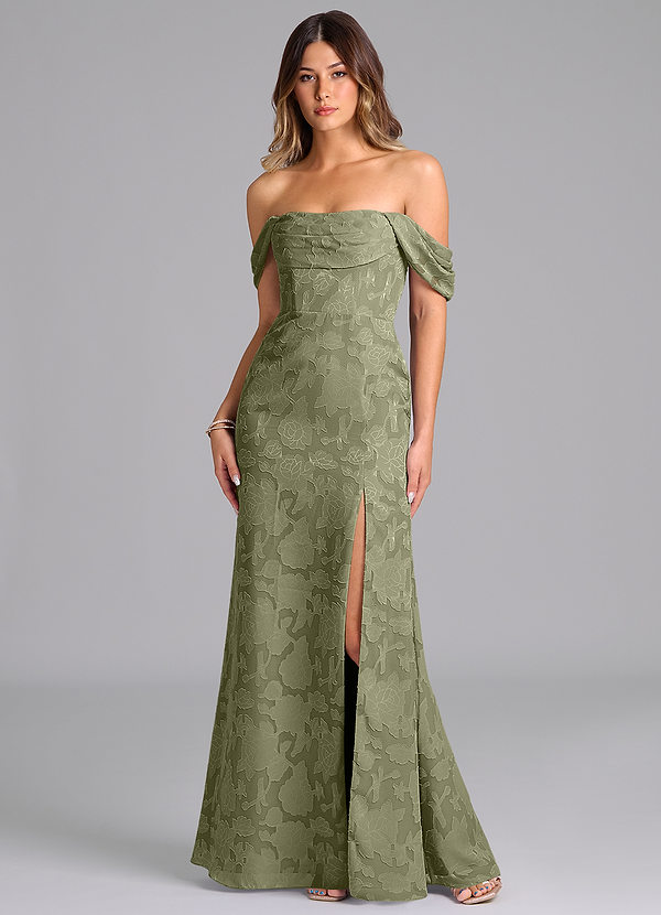 Azazie Saige Bridesmaid Dresses Pistachio A-Line Off the Shoulder Floral Burnout Convertible Dress image1