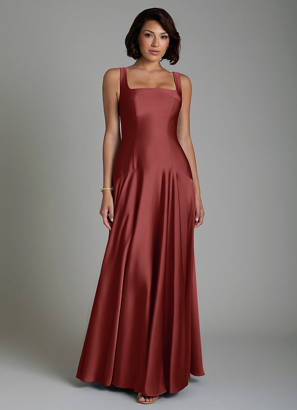 Azazie Reina Bridesmaid Dresses Terracotta A-Line Pleated Stretch Satin Dress image1