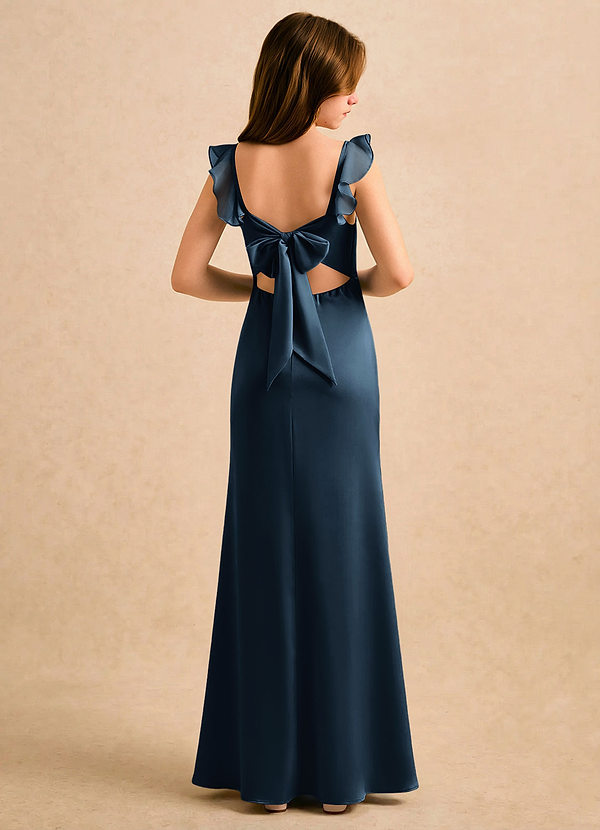 Azazie Novalie Girls Formal Flower Girl Dresses Dark Navy Mermaid Bow Stretch Satin Dress image1