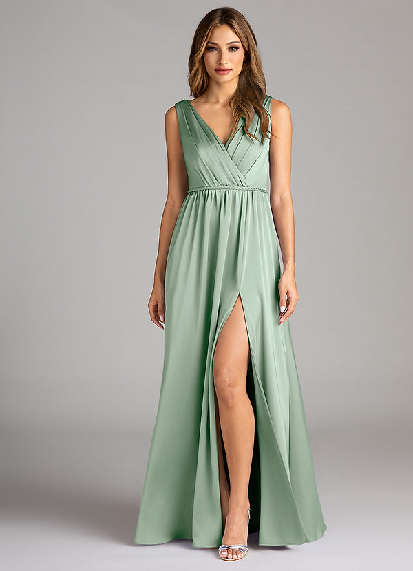 Azazie Tanicia Bridesmaid Dresses Agave A-Line Pleated Stretch Satin Dress image1