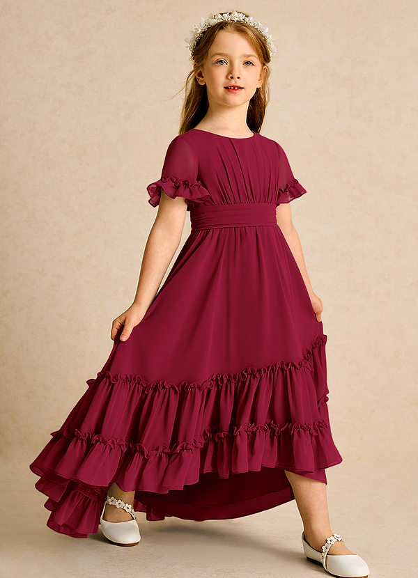 Azazie Kass Flower Girl Dresses Burgundy A-Line Pleated Chiffon Dress image1