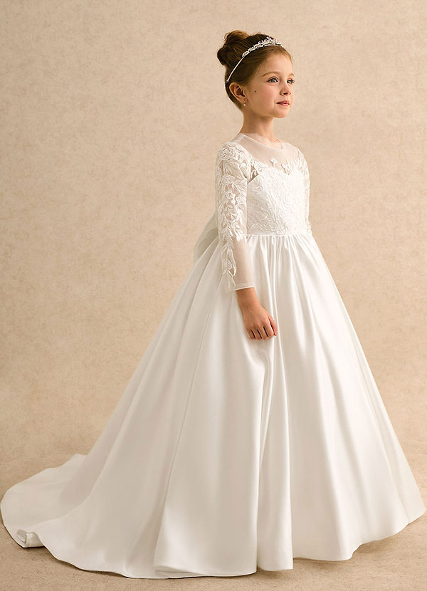 Azazie Lilyana Abiti da Ragazza di Fiori Abito Principessa in Pizzo Con Maniche Avorio image1