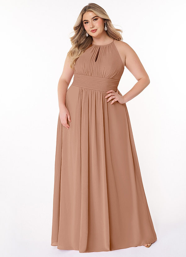 Azazie Bonnie Bridesmaid Dresses Champagne Rose A-Line Keyhole Ruched Chiffon Dress image1