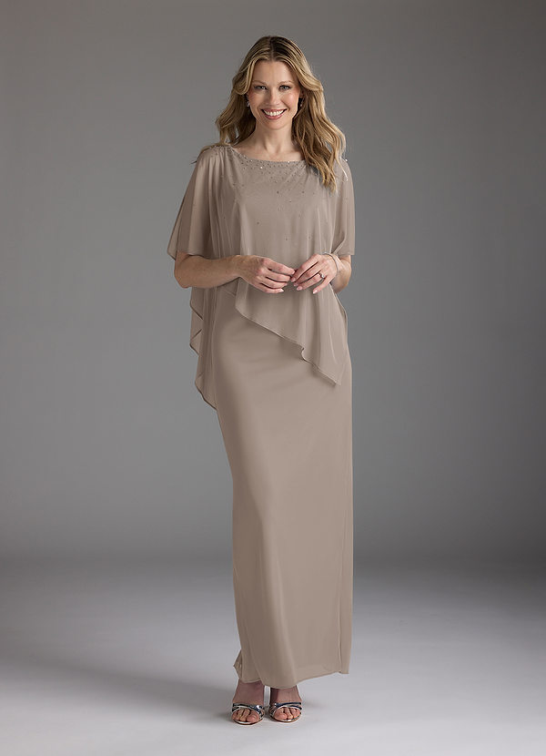 Azazie Aspyn Mother of the Brides Dresses Taupe Sheath Beaded Mesh Dress image1