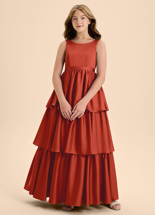 Azazie Meadowyn Junior Abito A-Line in Raso Elasticizzato Fiocco Ruggine image1