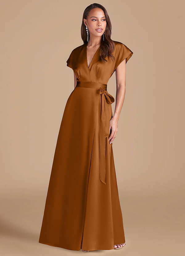 Azazie Nico Robes Demoiselle d'honneur Robe Trapèze en Satiné métallisé Plissée Cuivre image1