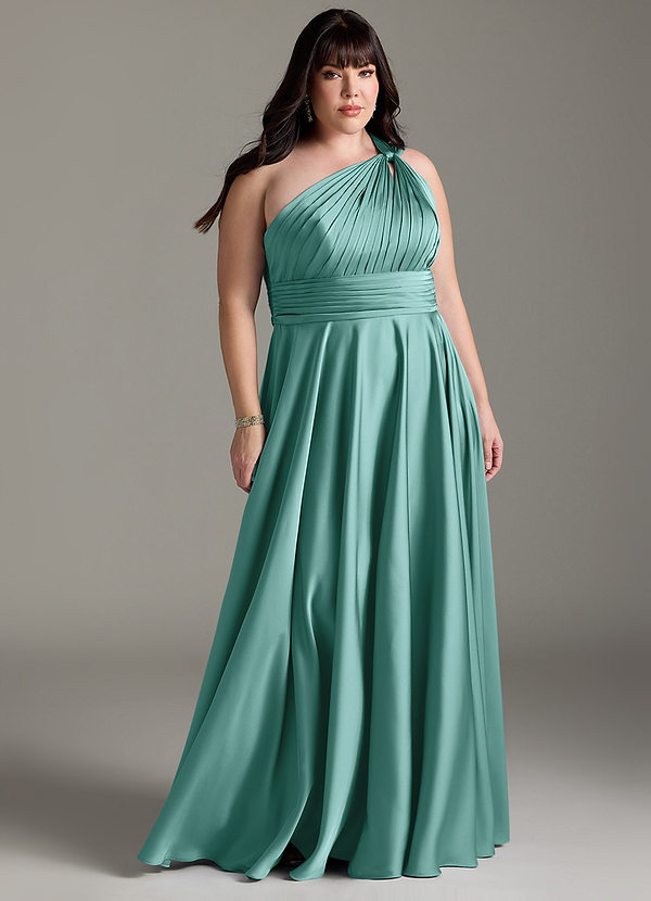 Azazie Charlize Bridesmaid Dresses Aqua A-Line One Shoulder Stretch Satin Dress image1
