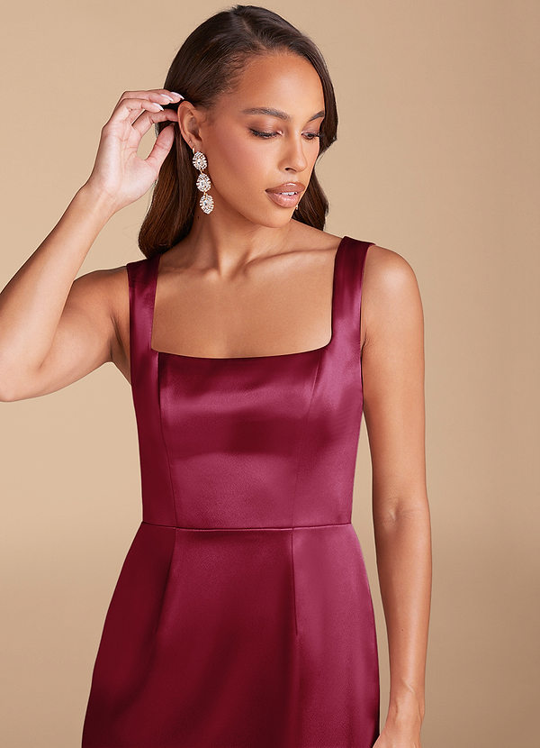 Azazie Flori Bridesmaid Dresses Burgundy Sheath Side Slit Metallic Satin Dress image1