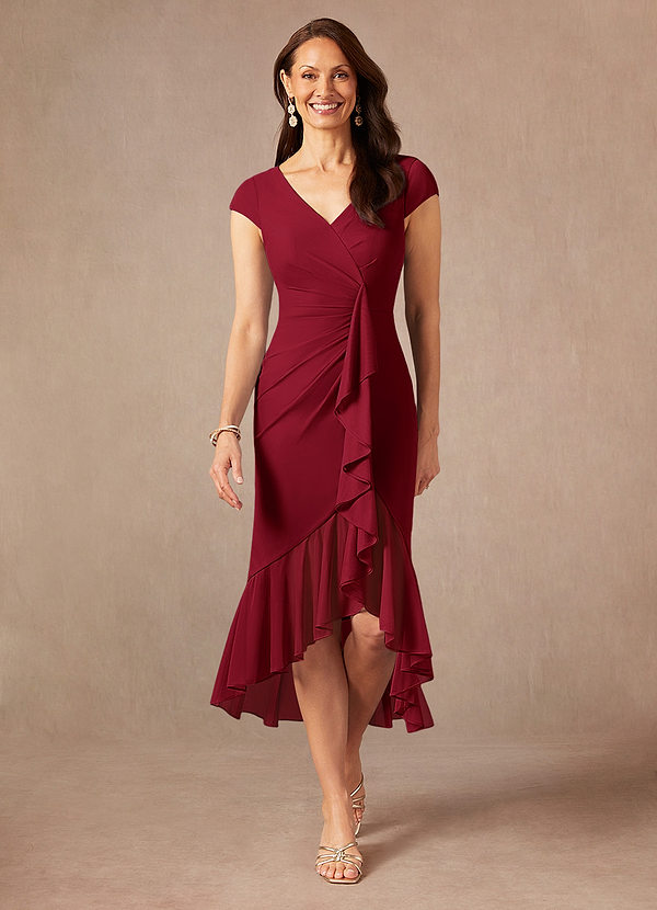 Azazie Renetta Mother of the Brides Dresses Burgundy Sheath V-Neck Pleated Mesh Dress image1