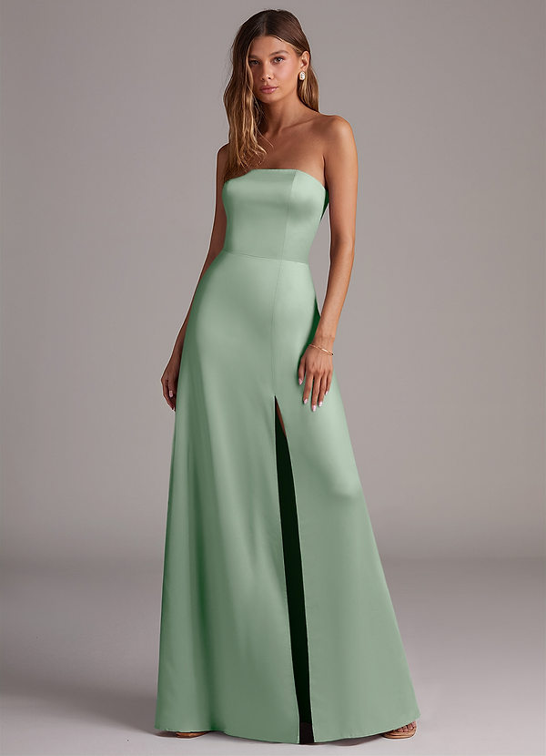 Azazie Wren 신부 들러리 드레스 A라인 스트랩리스 스트레치 새틴 바닥 길이 드레스 image1