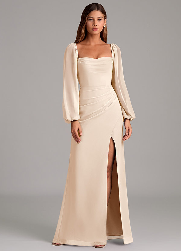 Azazie Brixley Bridesmaid Dresses White Alabaster Mermaid Long Sleeve Chiffon Dress image1