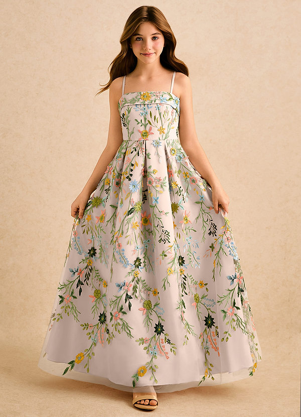 Azazie Lark Girls Formal Blomsterpigekjoler A-Line Plisseret Blonder Gulv-længde Kjole image1