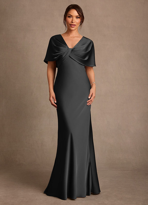 Azazie Dosia 신부의 어머니 드레스 쉬스 주름진 스트레치 새틴 플로어 길이 드레스 image1