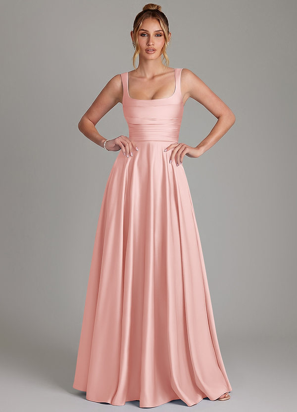 Azazie Azaria Vestidos de dama de honor Vestido Rosa Empolvado de Satén Elástico de Línea A con Corsé image1