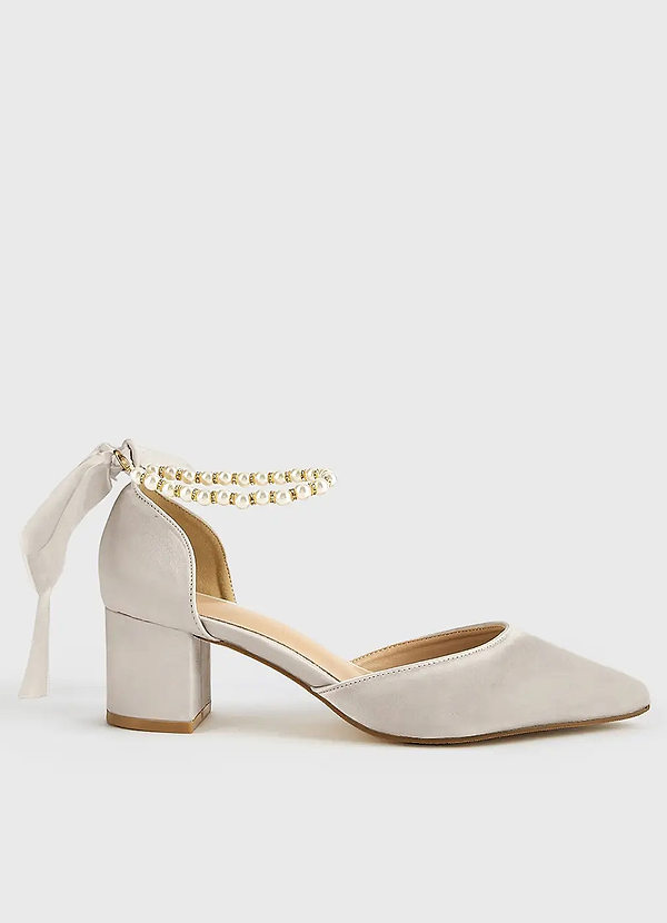 Matching Color Matte Satin Pearl and Bow Pointed Toe Block Heels front