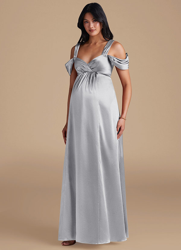 Azazie Rhea Maternity Bridesmaid Dresses A-Line Pleated Metallic Satin Floor-Length Dress image1