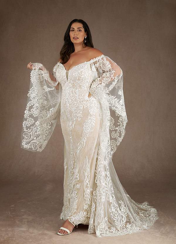 Azazie Memphis Wedding Dresses Diamond White Nude Mermaid V-Neck Sequins Lace Dress image1