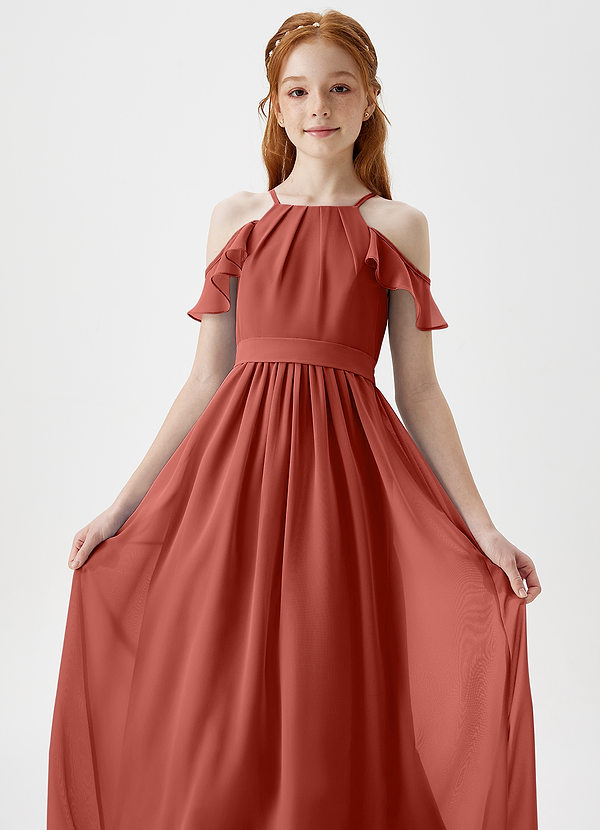 Azazie Chaya Junior Terracotta A-Line Off the Shoulder Chiffon Dress image1