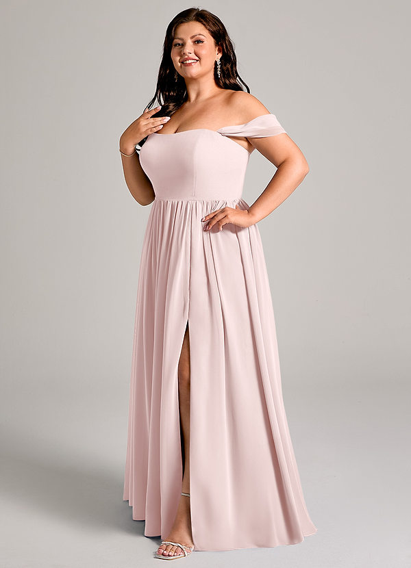 Azazie Calianna Bridesmaid Dresses Blushing Pink A-Line Off the Shoulder Chiffon Convertible Dress image1