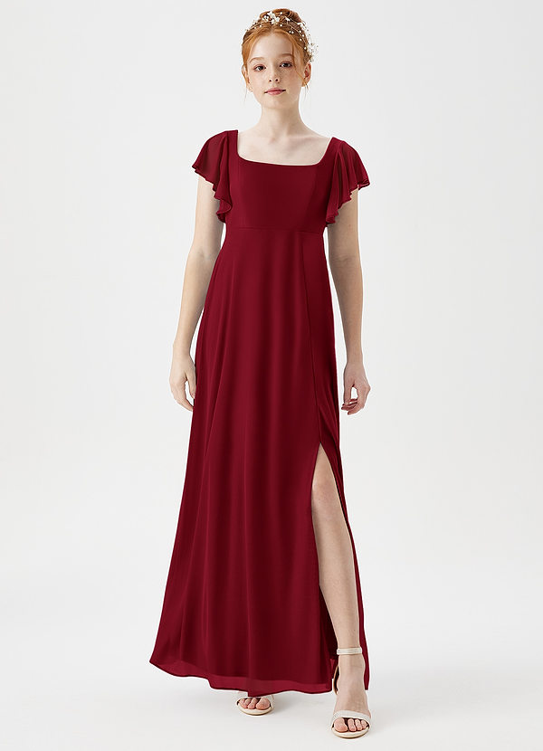 Azazie Bondi Junior Burgundy A-Line Side Slit Mesh Dress image1