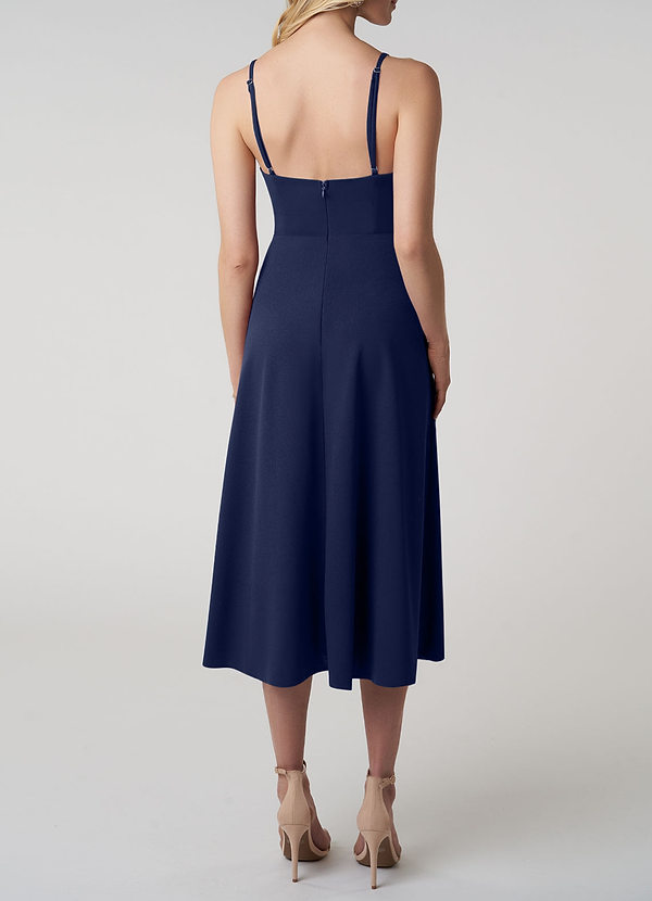 back Navy Blue Minimal Satin Cowl Midi Dress