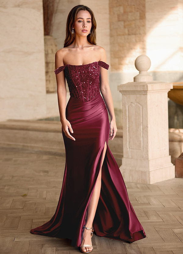 Valeria Burgundy Velvet Sequins Corset Satin Prom Dress image1