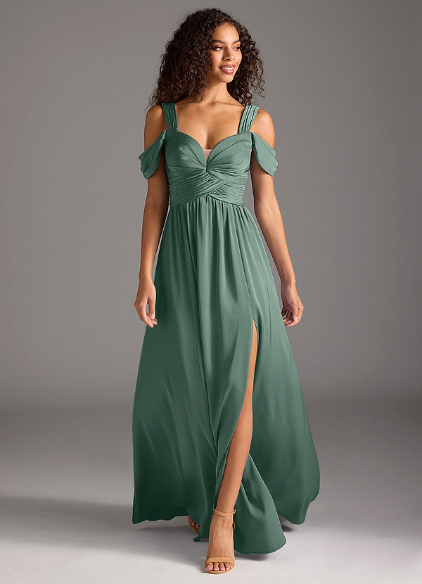 Azazie Lianne Bridesmaid Dresses Eucalyptus A-Line Off the Shoulder Stretch Satin Dress image1