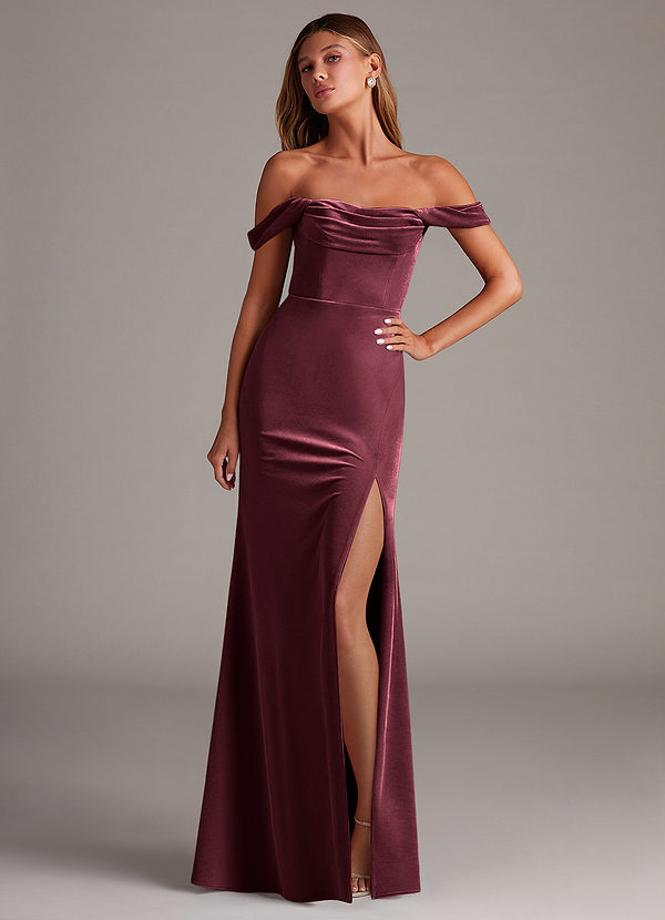 Azazie Saige Bridesmaid Dresses Raspberry Sheath Off the Shoulder Velvet Convertible Dress image1