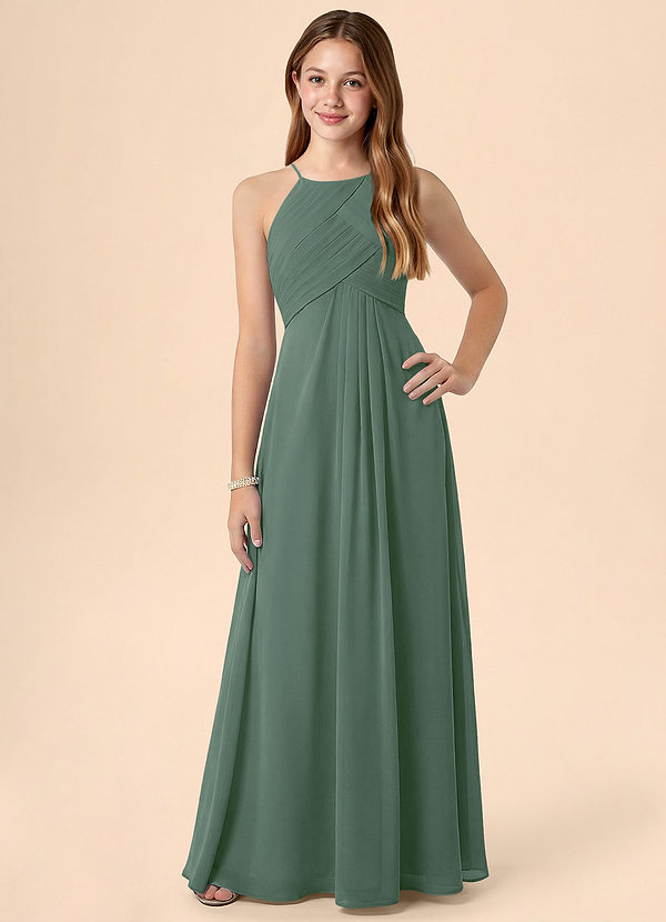 Azazie Ginny Junior Vestido de Eucalipto de Gasa de Corte en A con Plisado image1