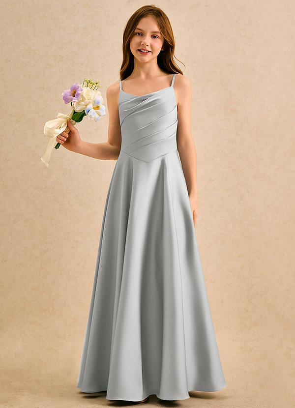 Azazie Coconut Girls Formal Flower Girl Dresses Silver A-Line Pleated Stretch Satin Dress image1