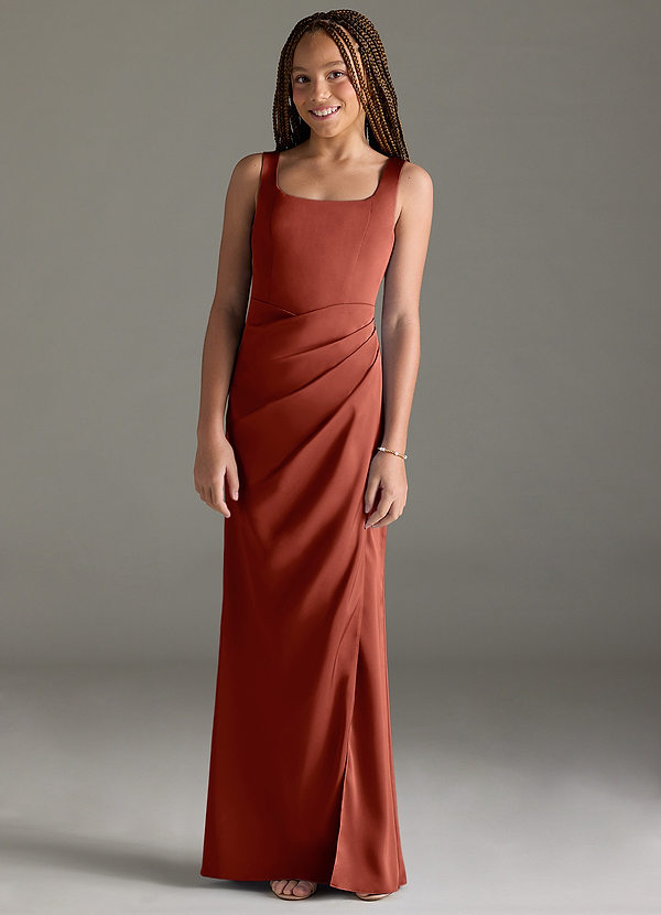 Azazie Mero Junior Terracotta Mermaid Pleated Stretch Satin Dress image1