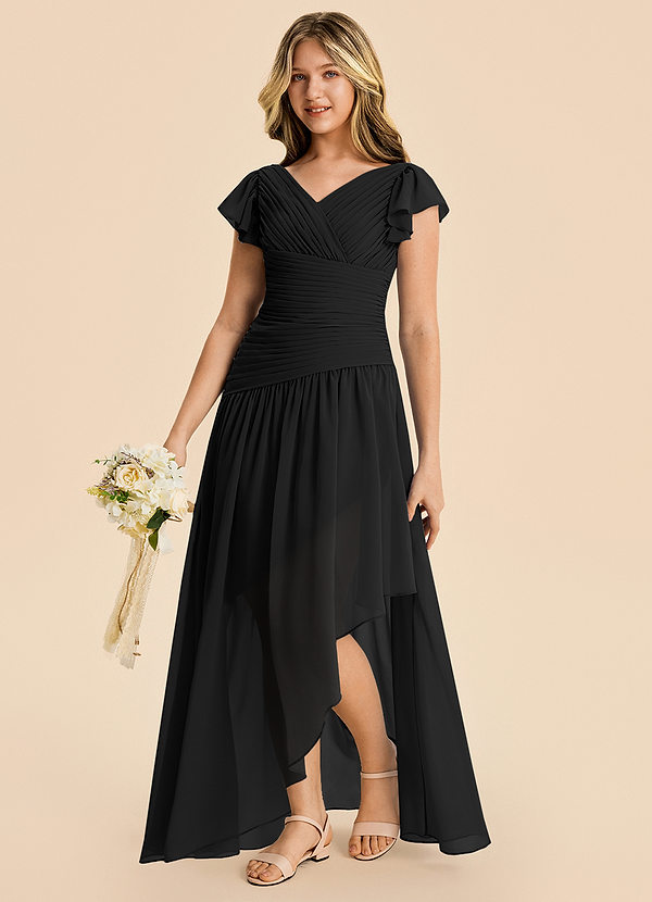 Azazie Pia Junior Black A-Line Pleated Chiffon Dress image1