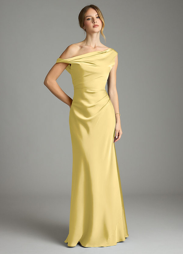 Azazie Emerson Robes Demoiselle d'honneur Robe Sirène en Satin extensible Épaule décolletée Canari image1