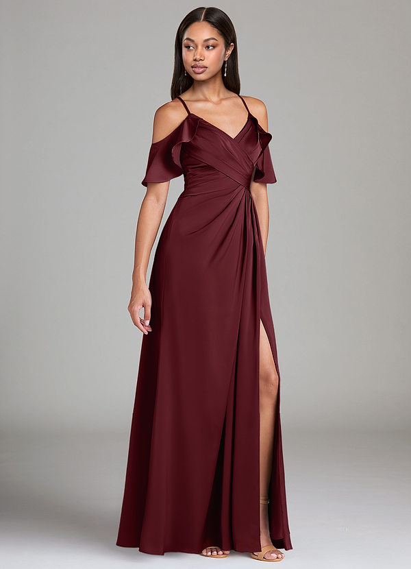 Azazie Dakota Brautjungfernkleider A-Linie Schulterfrei Stretch-Satin Kleid Cabernetrot image1