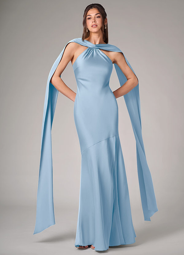 Azazie Kinsley Bridesmaid Dresses Powder Blue Mermaid Side Slit Stretch Satin Dress image1