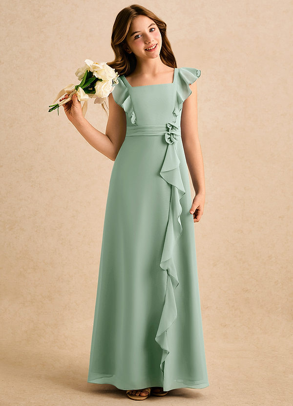 Azazie Soso Girls Formal Robes de Fillette d'Honneur Robe Trapèze en Mousseline de soie Plissée Agave image1